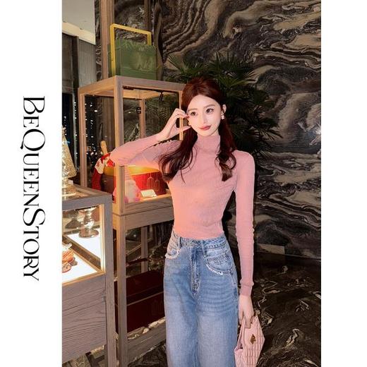 余潇潇【温柔布蕾】时髦气质百搭亮丝弹力修身经典堆堆领打底衫 商品图4