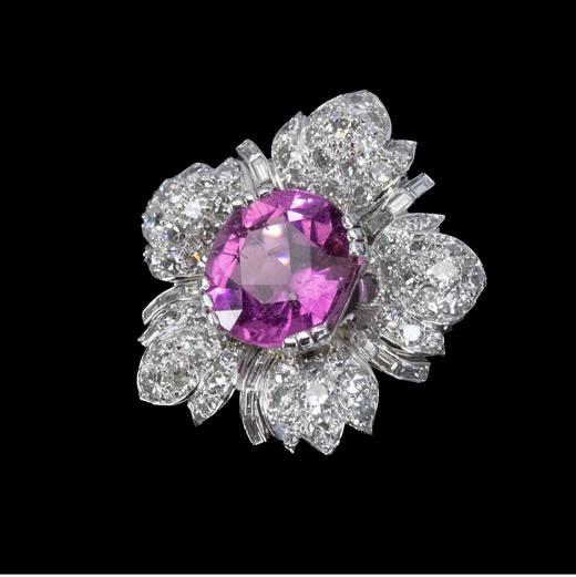 独角鹿西洋古董法国出品花卉造型18K白金与铂金镶嵌钻石及粉红碧玺戒指古董珠宝 商品图2