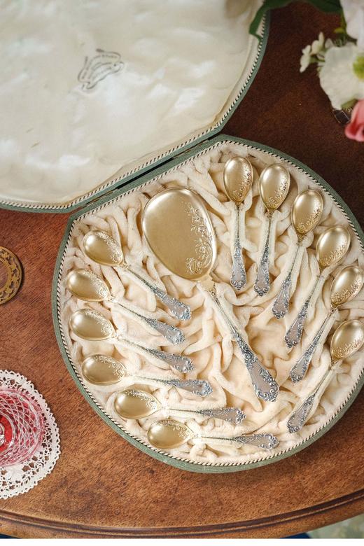 【已售】古董餐具 德国出品卷叶花卉纹银镀金精雕冰淇淋勺餐具套件 带原盒 商品图2