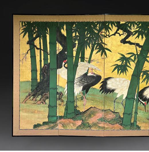 独角鹿西洋古董18世纪日本江户时期出品狩野派风格「竹岸群鹤」主题金地纸本设色六曲古董屏风 商品图1
