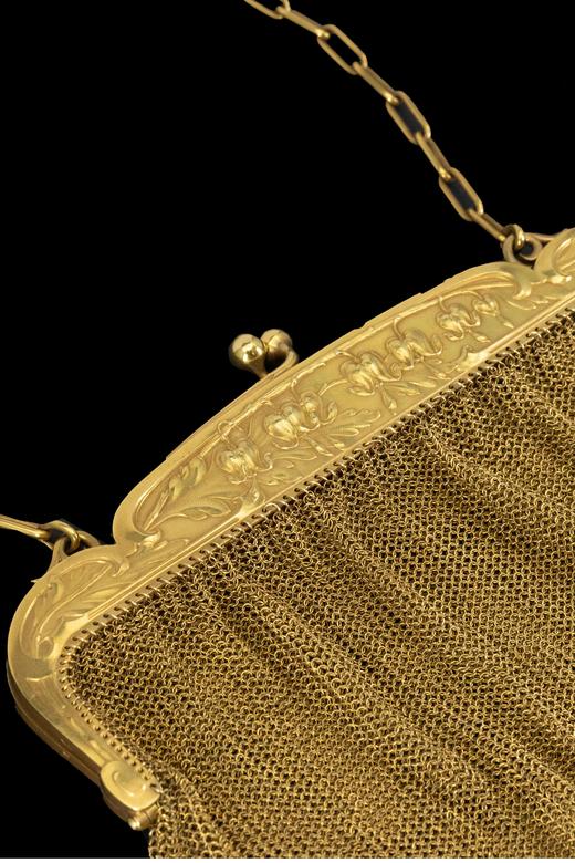 独角鹿西洋古董法国出品自然花叶纹精雕装饰18K黄金网状编织晚宴包 商品图2