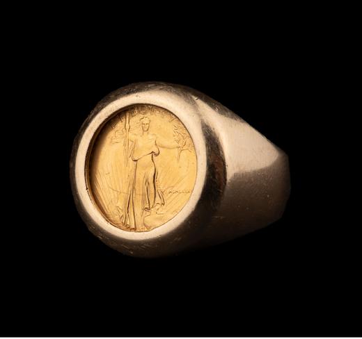 独角鹿西洋古董美国出品14K黄金戒托镶嵌圣高登斯主题鹰扬金币戒指古董珠宝 商品图3