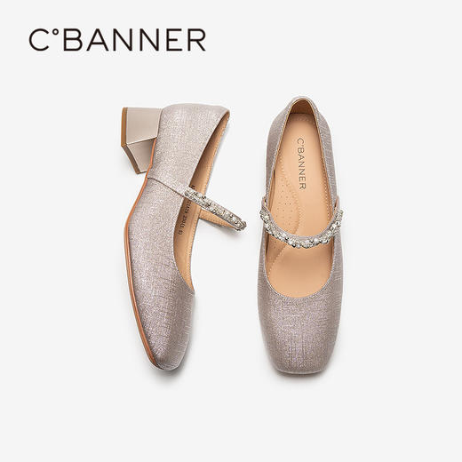 千百度一字带玛丽珍鞋女粗跟浅口高跟鞋休闲晚晚单鞋A25436821 商品图4