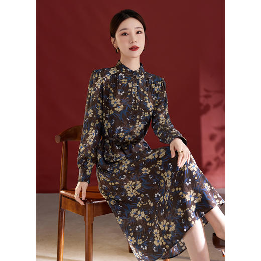 气质褶皱显瘦款，印花中长款真丝连衣裙SM-82501815 商品图1