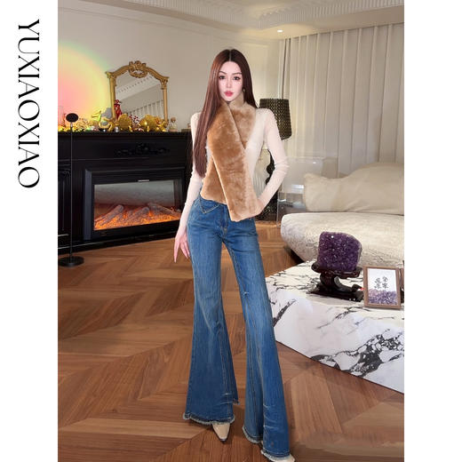 余潇潇【复古誓言】棉感复古爱心口袋玫瑰扣高腰喇叭牛仔裤 商品图3