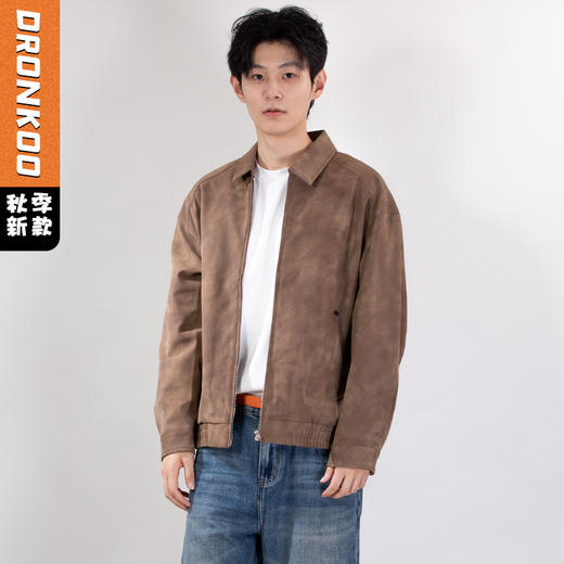 DRONKOO 2025 翻领前斜分割口袋金属扣下摆橡筋微阔中厚皮衣 商品图0