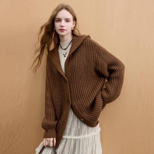 三彩2025冬季新款休闲宽松中长慵懒连帽针织衫长袖开衫简约M 商品图1