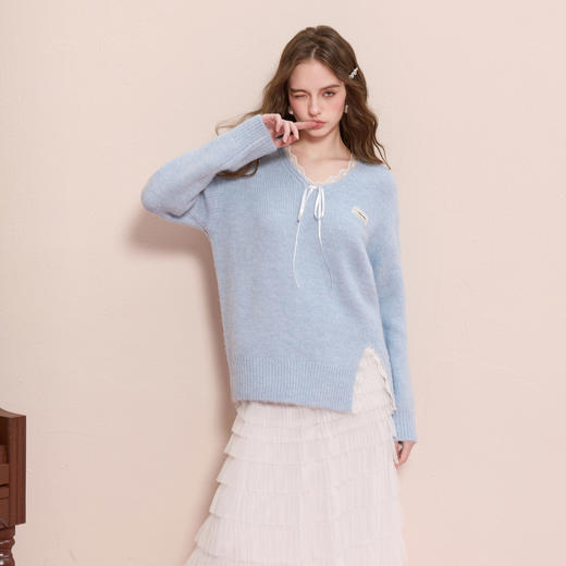 三彩2025冬季新款蕾丝花边V领针织衫开叉长袖套头上衣慵懒宽松M 商品图1