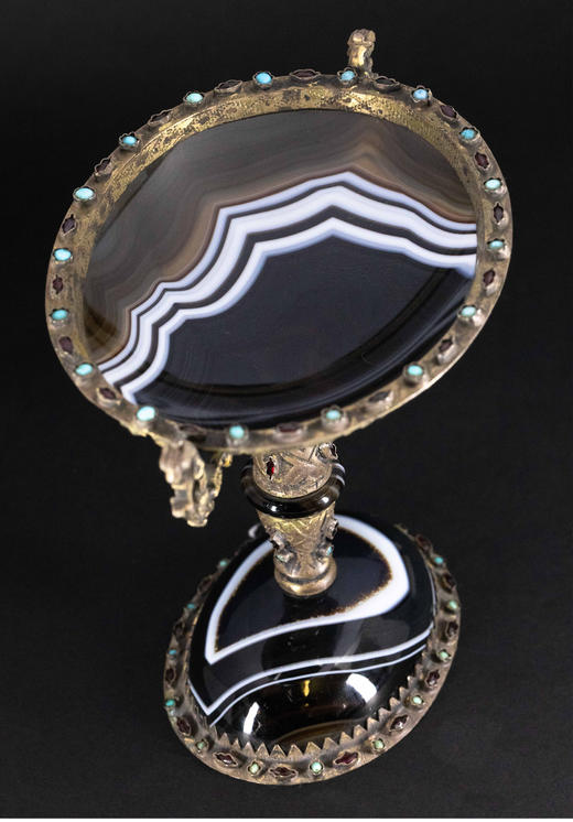 独角鹿西洋古董欧洲出品新文艺复兴风格铜鎏金精雕装饰玛瑙嵌绿松石及红宝石双耳高足杯 商品图1