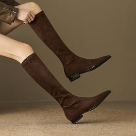 【预售7天】时尚气质尖头粗跟长筒靴女弹力瘦瘦靴绒面显瘦高筒长靴子HB&8889-1