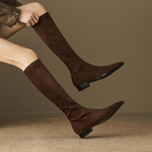 【预售7天】时尚气质尖头粗跟长筒靴女弹力瘦瘦靴绒面显瘦高筒长靴子HB&8889-1 商品图0