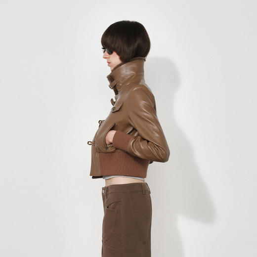 NUTH复古修身短款皮夹克毛领正肩pu皮衣外套女 摩卡棕色 商品图0