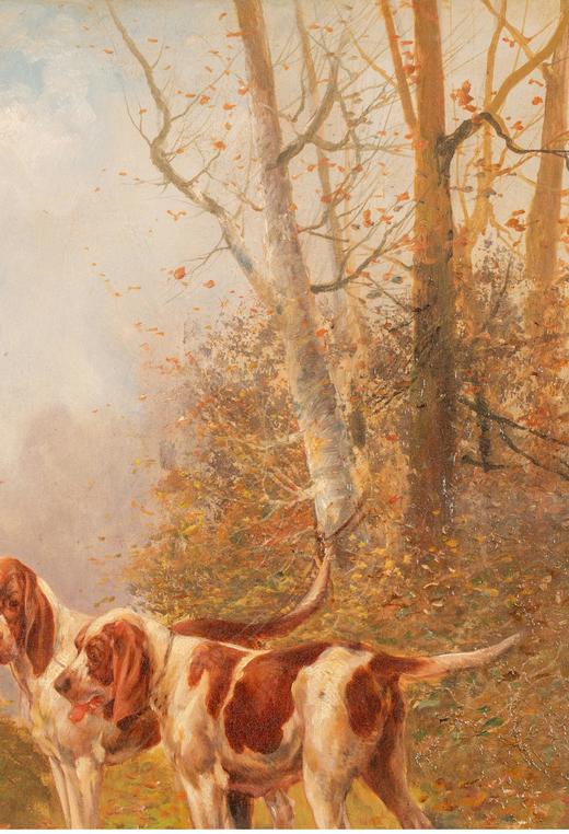 独角鹿西洋古董法国画家Eugène Petit签名创作动物主题布面油画《猎犬》 商品图4