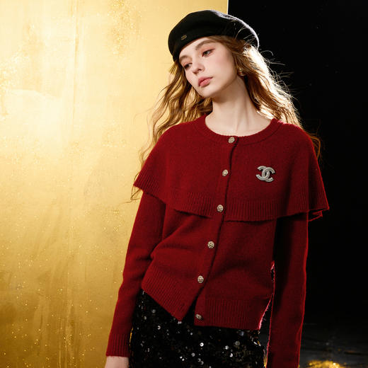 三彩2025冬季新款斗篷针织衫宽松保暖开衫毛衫外套复古上衣M 商品图3