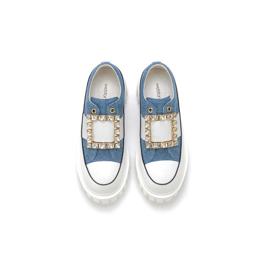 westory2023秋季新款时尚圆头钻饰方扣厚底超轻小白鞋板鞋女S23CM74141 商品图4