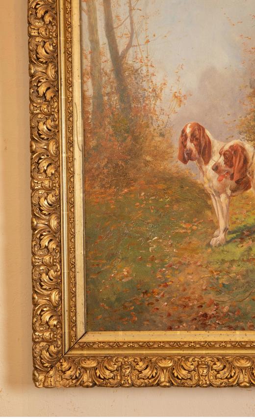 独角鹿西洋古董法国画家Eugène Petit签名创作动物主题布面油画《猎犬》 商品图3
