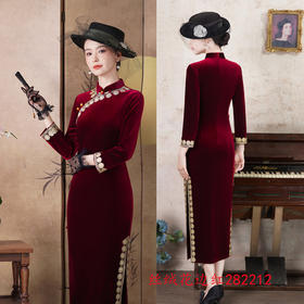 SKY 282212复古国风长款丝绒七分袖旗袍