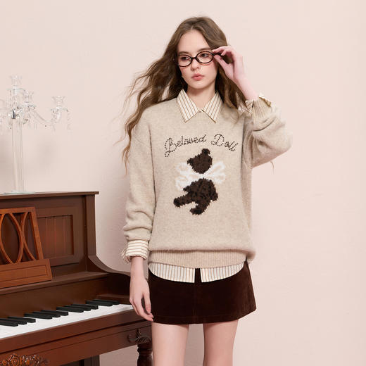三彩2025冬季新款字母绣花提花针织衫长袖套头上衣慵懒宽松M 商品图3