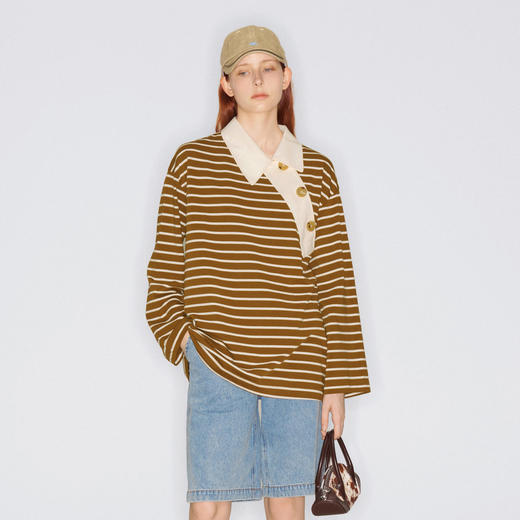 lost in echo2025秋冬新款独特斜门襟精致刺绣休闲宽松全棉POLO衫 商品图4