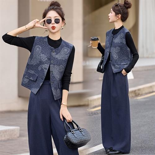 HR ZYF8090韩版简约长袖衬衫马甲阔腿裤三件套 商品图0