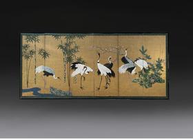 独角鹿西洋古董18世纪日本江户时期出品狩野派风格「竹樱鹤鸣」 主题金地纸本设色六曲屏风