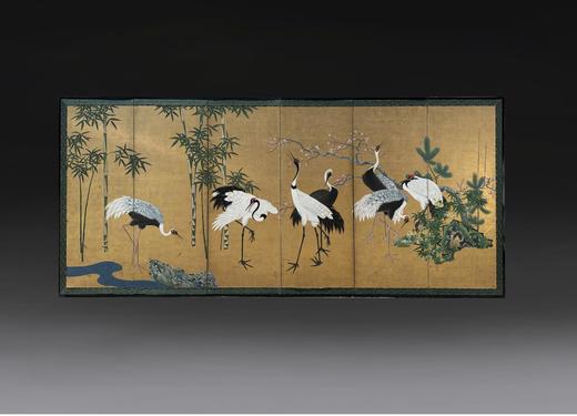 独角鹿西洋古董18世纪日本江户时期出品狩野派风格「竹樱鹤鸣」 主题金地纸本设色六曲屏风 商品图0