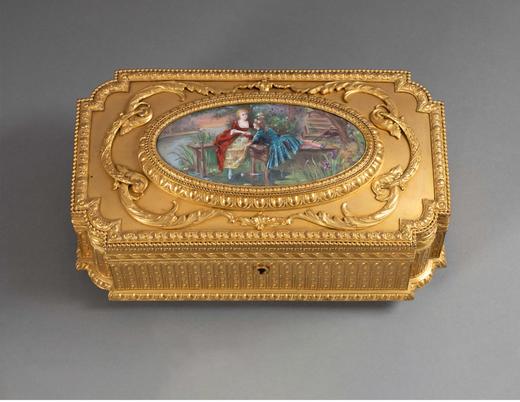 独角鹿西洋古董19世纪末法国出品卷叶纹铜鎏金精雕镶嵌田园恋歌主题手绘细密画珍宝盒 商品图0