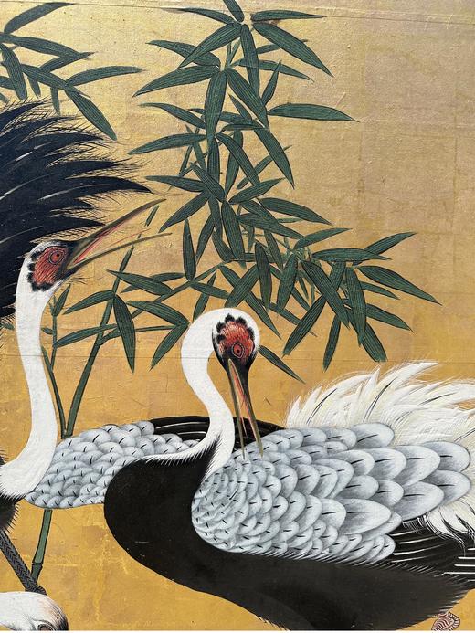 独角鹿西洋古董18世纪日本江户时期出品狩野派风格「水畔群鹤」 主题金地纸本设色六曲屏风 商品图3