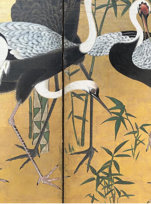 独角鹿西洋古董18世纪日本江户时期出品狩野派风格「水畔群鹤」 主题金地纸本设色六曲屏风 商品图5