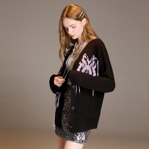 三彩2025冬季新款宽松慵懒蝴蝶针织衫长袖单排扣开衫复古外套M 商品图3