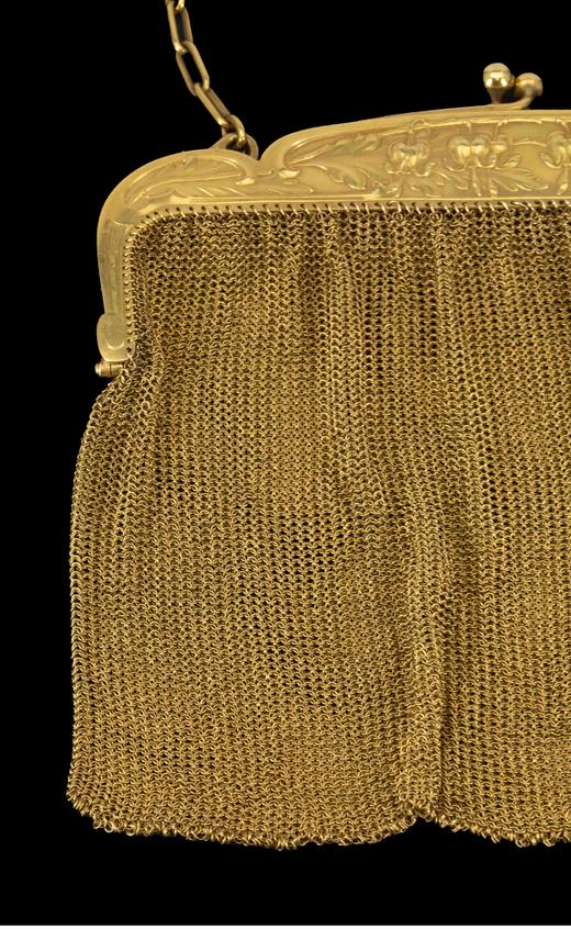 独角鹿西洋古董法国出品自然花叶纹精雕装饰18K黄金网状编织晚宴包 商品图3