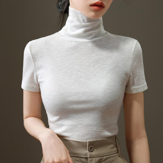 高领打底衫女薄款2025秋装新款女装气质短袖体恤修身微透内搭上衣 商品图4