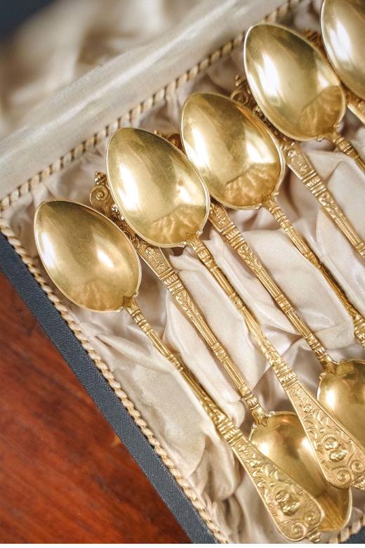 独角鹿西洋古董德国出品洛可可风格涡卷藤蔓纹黄铜镀金精雕摩卡勺餐具套件 商品图3