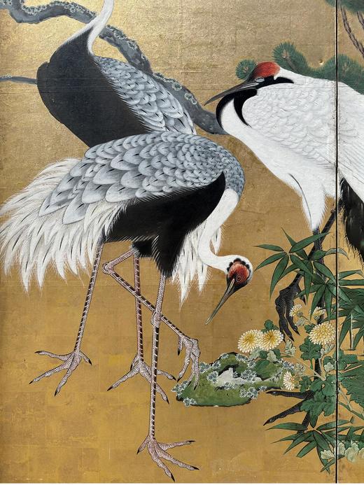 独角鹿西洋古董18世纪日本江户时期出品狩野派风格「竹樱鹤鸣」 主题金地纸本设色六曲屏风 商品图5