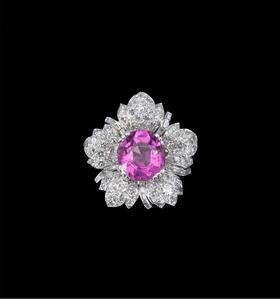 独角鹿西洋古董法国出品花卉造型18K白金与铂金镶嵌钻石及粉红碧玺戒指古董珠宝