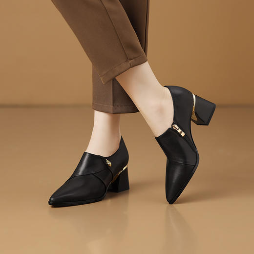 【预售5天】粗跟单鞋女新款头层牛皮尖头时尚百搭软面软底春秋季真皮鞋子HY&H3738 商品图1