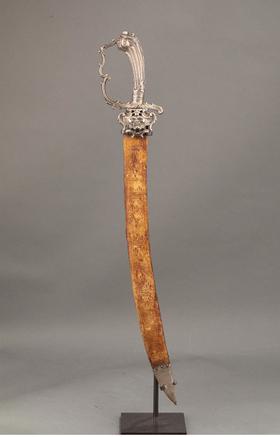 欧洲回流 荷兰出品羊皮纸木芯剑鞘洛可可风格卷叶人面主题纯银精雕刀柄装饰钢制刀刃狩猎弯刀[未开刃]