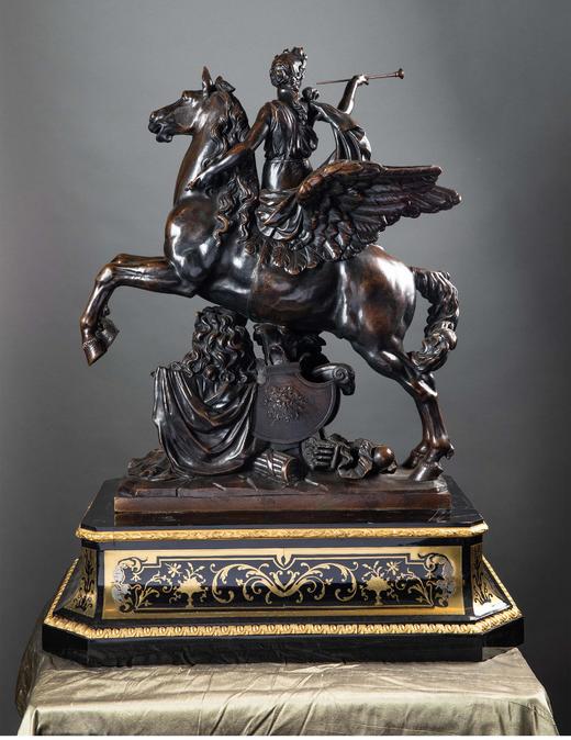 独角鹿西洋古董法国出品雕塑家Antoine Coysevox设计布勒镶嵌底座装饰青铜雕塑作品一对《骑飞马的荣誉女神与墨丘利》 商品图1