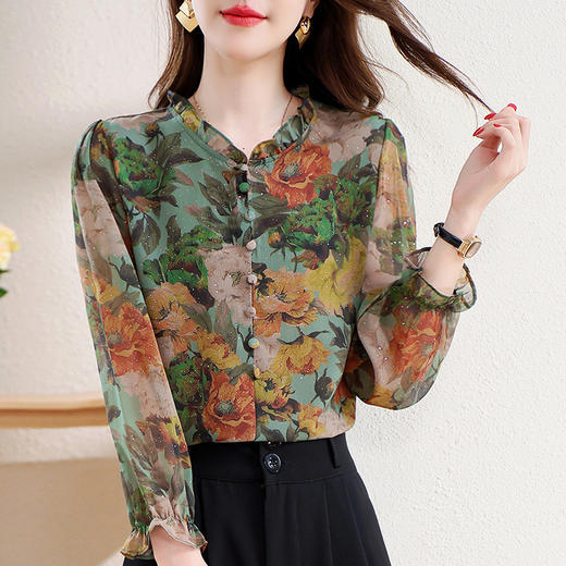 KQL e324n1439法式时尚木耳领喇叭袖显瘦简约印花上衣 商品图2
