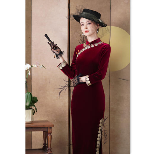 SKY 282212复古国风长款丝绒七分袖旗袍 商品图1