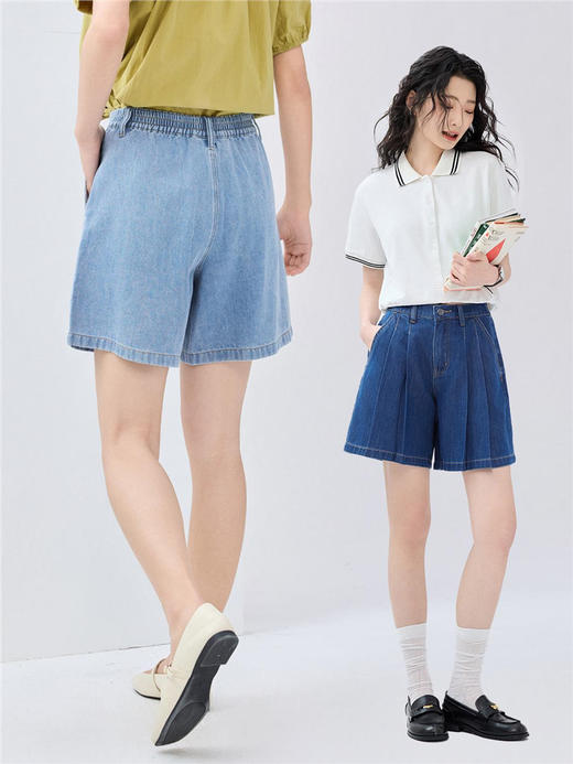 佐丹奴牛仔短裤女黑科技凉感压褶半松紧腰薄款牛仔裤子女13405239 商品图1