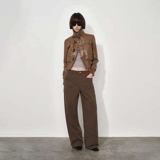 NUTH复古修身短款皮夹克毛领正肩pu皮衣外套女 摩卡棕色 商品图3