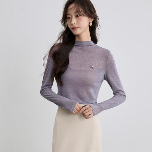 「自」全新升级【铂金会员146/天猫199/差价53】(53929)洛诗琳新款半高领打底衫2025秋季时尚网纱针织打底上衣女 商品图0