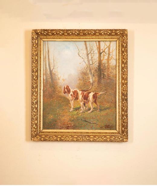 独角鹿西洋古董法国画家Eugène Petit签名创作动物主题布面油画《猎犬》 商品图1