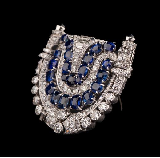 独角鹿西洋古董法国出品装饰艺术风格铂金镶嵌蓝宝石及钻石古董胸针 商品图3