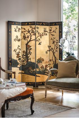 【已售】独角鹿西洋古董20世纪中期中国出品「富贵花鸟」主题金地款彩雕漆双面四曲隔断装饰屏风