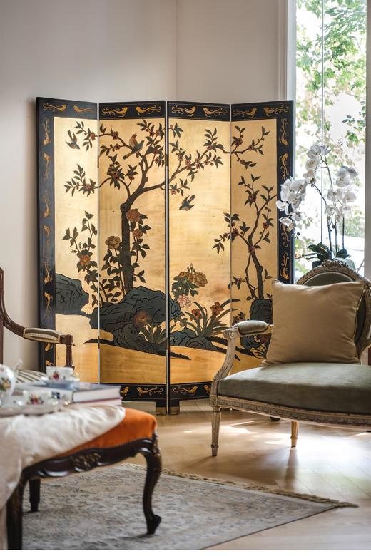 【已售】独角鹿西洋古董20世纪中期中国出品「富贵花鸟」主题金地款彩雕漆双面四曲隔断装饰屏风 商品图0