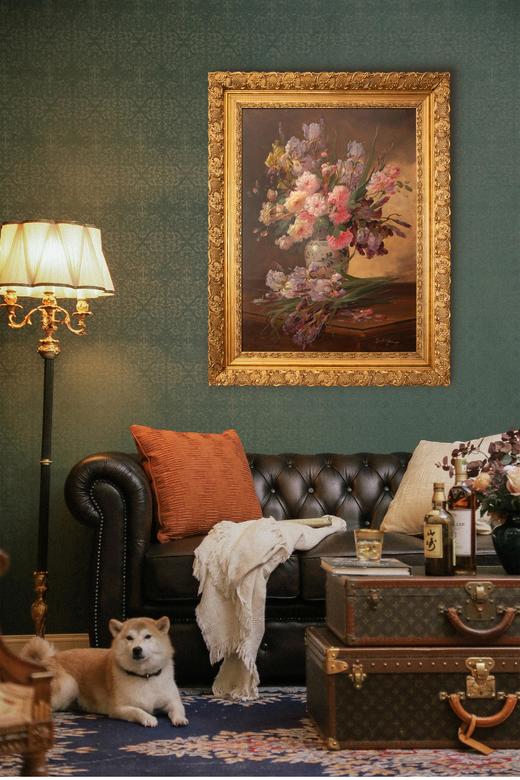 独角鹿西洋古董法国画家Emile Godchaux签名创作花卉静物主题布面古董油画 商品图0