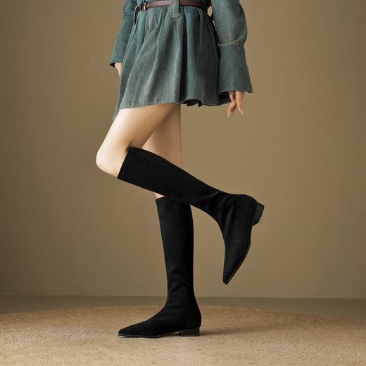 【预售7天】时尚气质尖头粗跟长筒靴女弹力瘦瘦靴绒面显瘦高筒长靴子HB&8889-1 商品图3