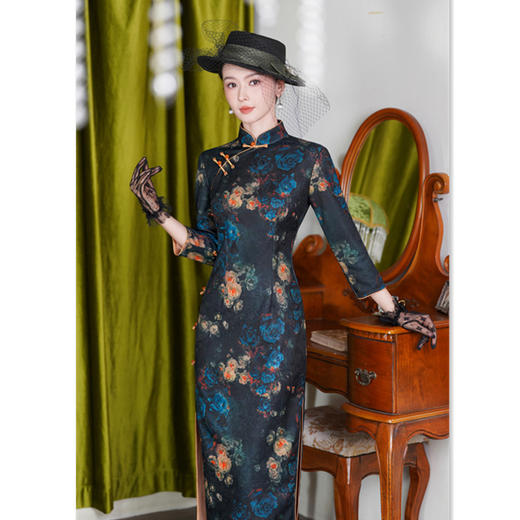 SKY 23019复古中国风麂皮绒中式长款旗袍 商品图3